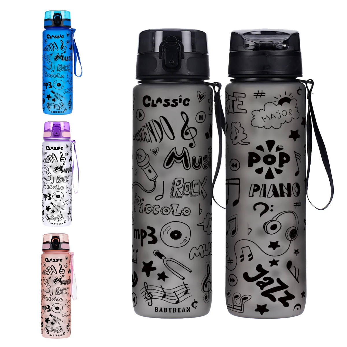 Music Graffiti Print Sports Water Bottle Gradient Frosted Cup Leakproof Pop Up Lid Portable Hand Strap Outdoor Gym Travel Drinki