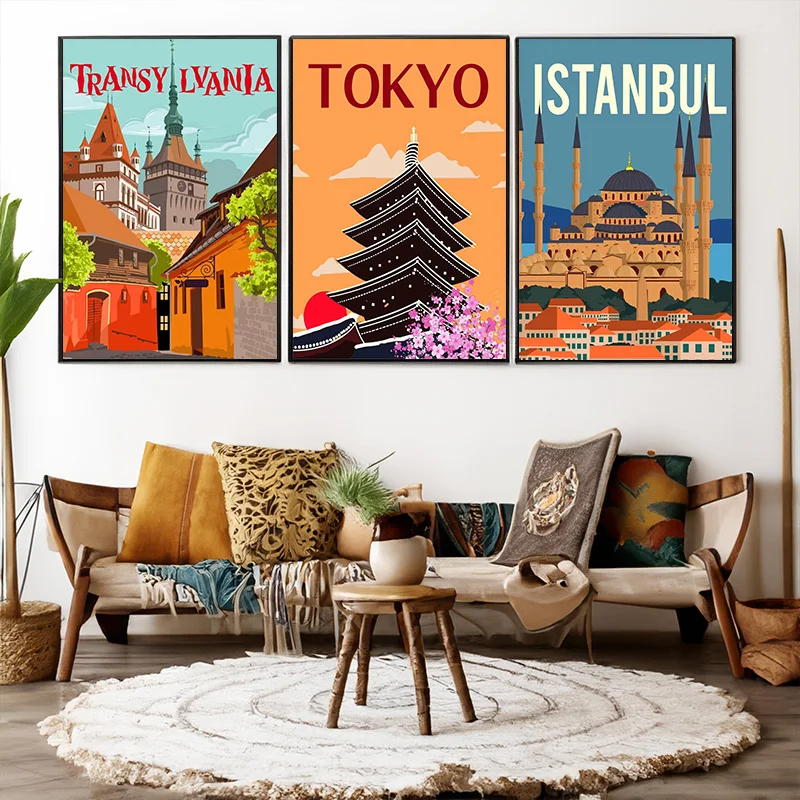Modern City Landmarks Beijing Mexico Ltaly Jakarta Retro Style Travel Poster Canvas Paintings Wall Art Pictures Home Decor