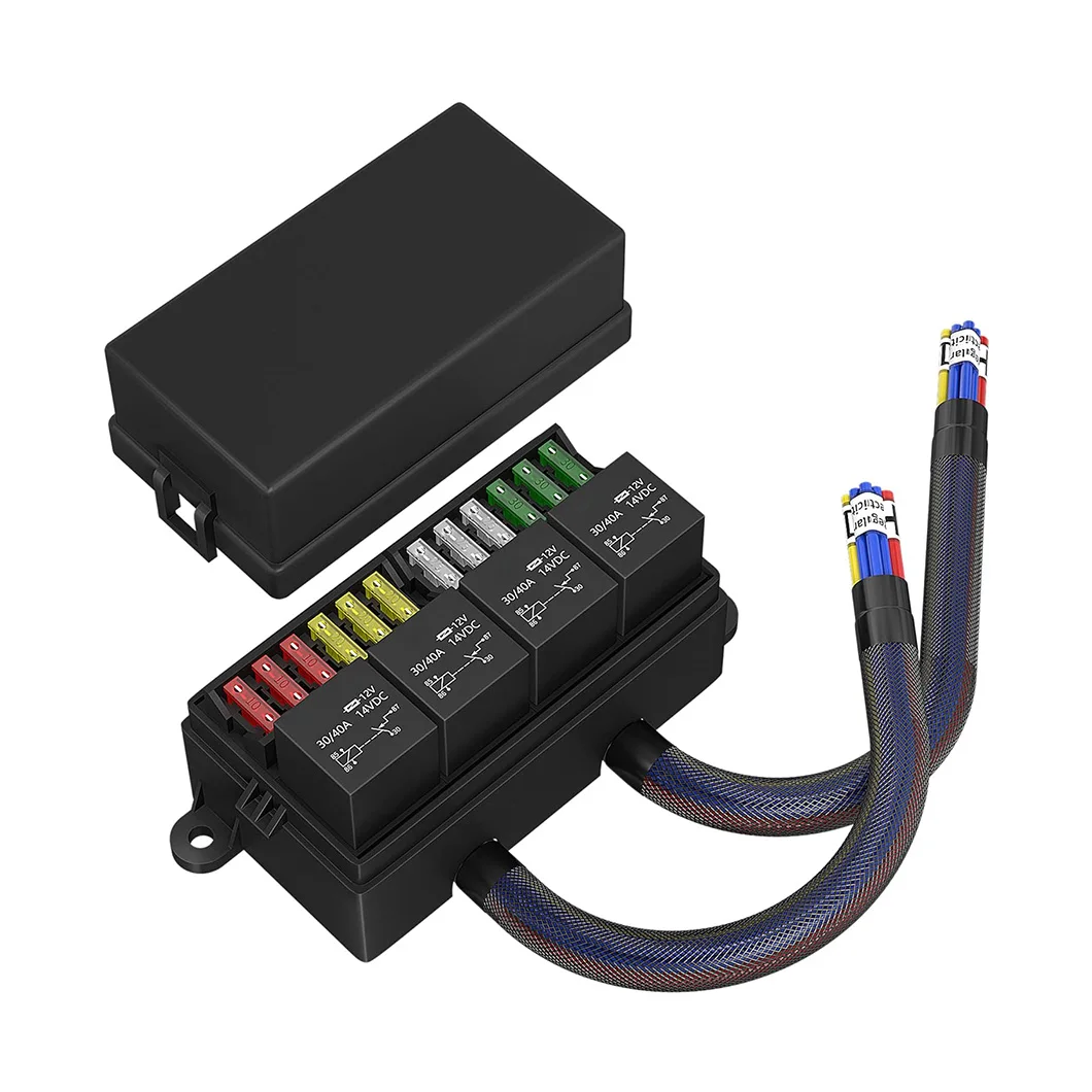 ABILKEEN Car Fuse Relay Box DC12-24V Pre-Wired Fuse and 4 Relay Box 12 Way ATC/ATO Fuses Sealed Relay Fuse Block Box for Auto RV