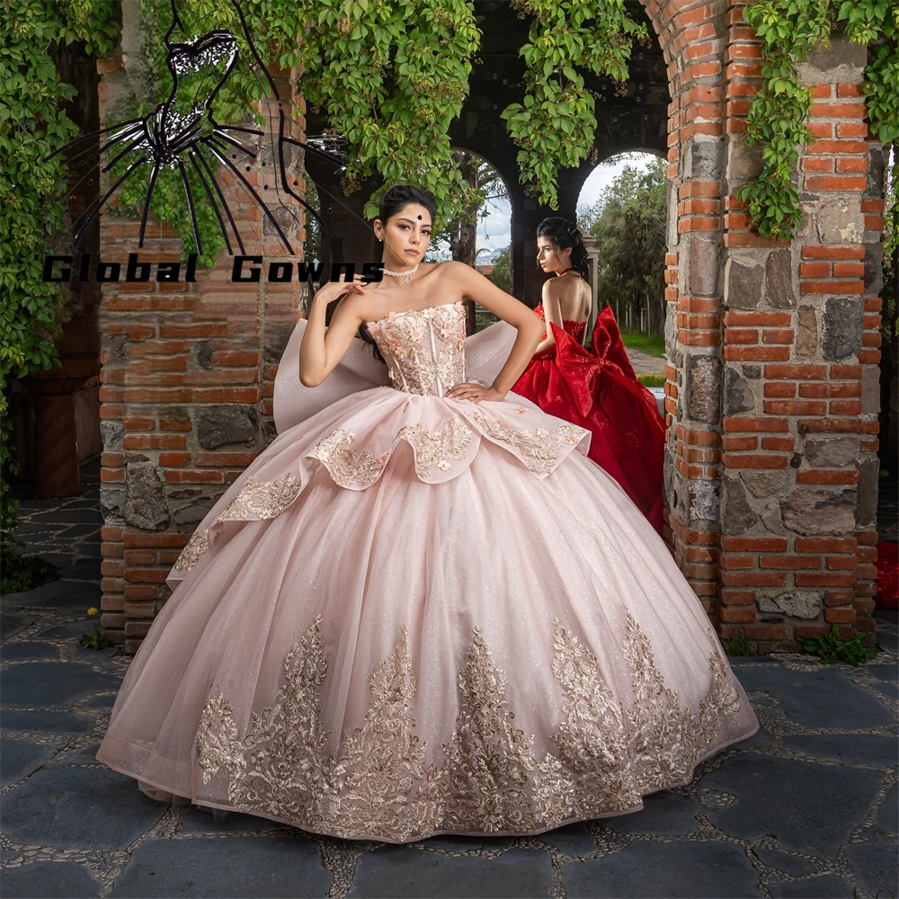 Rosa arco quinceanera vestidos de baile grânulo apliques 2024 aniversário vestido luxo sem alças 3d flor formatura vestido doce 16