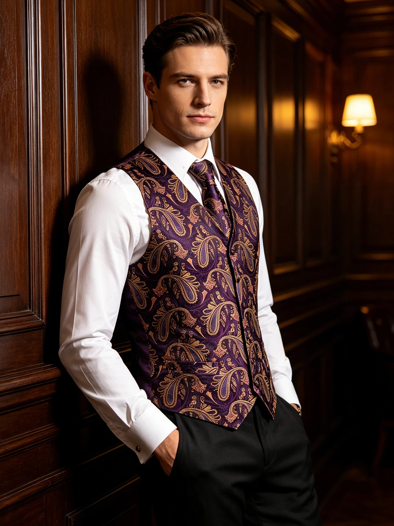 Pocket Square Set - Fioletowo-złoty zestaw dodatków do kamizelki z
