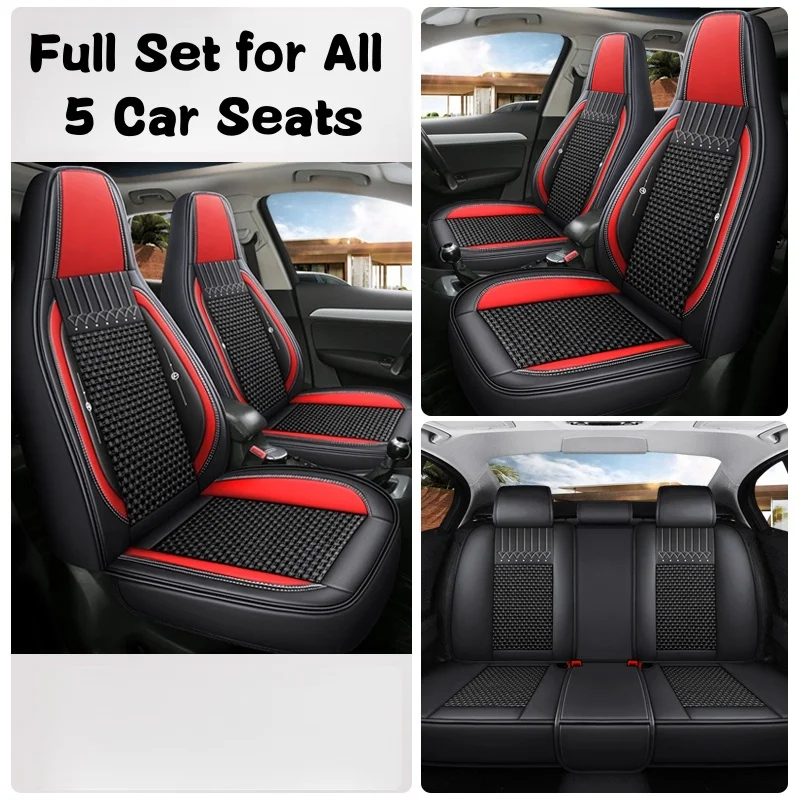 Ice Silk Material, Full Car 5-Seater Integrated Headrest Car Seat Cover, Universal Fit, Suitable for All Seasons, with 3D Side Support, Classic Color Options Available, Suitable for Models with Integrated Headrest Front Seats