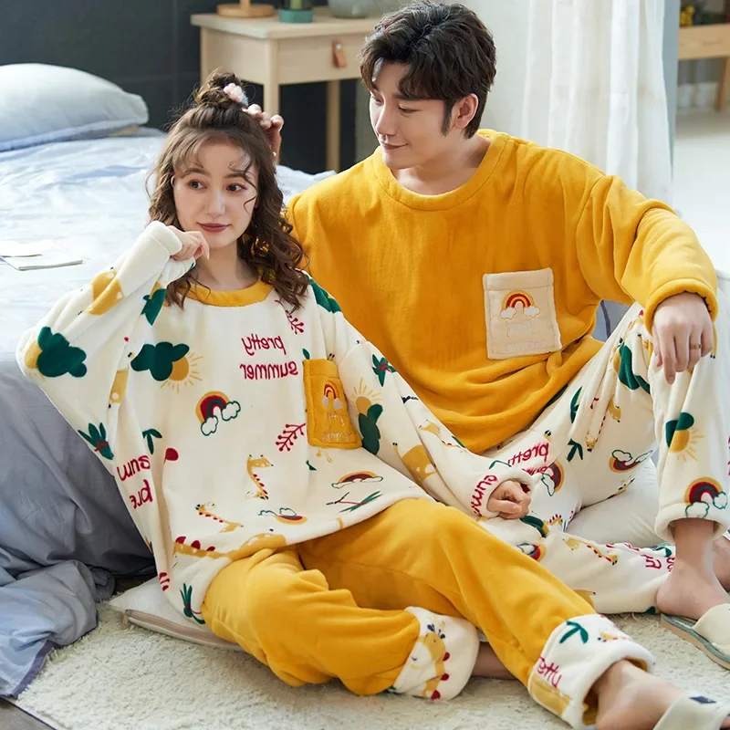 Thick Coral Velvet Pajamas Suit for Men and Women, Long Sleeve, Cartoon Sleepwear, Warm Flannel, Couple, Autumn, Winter