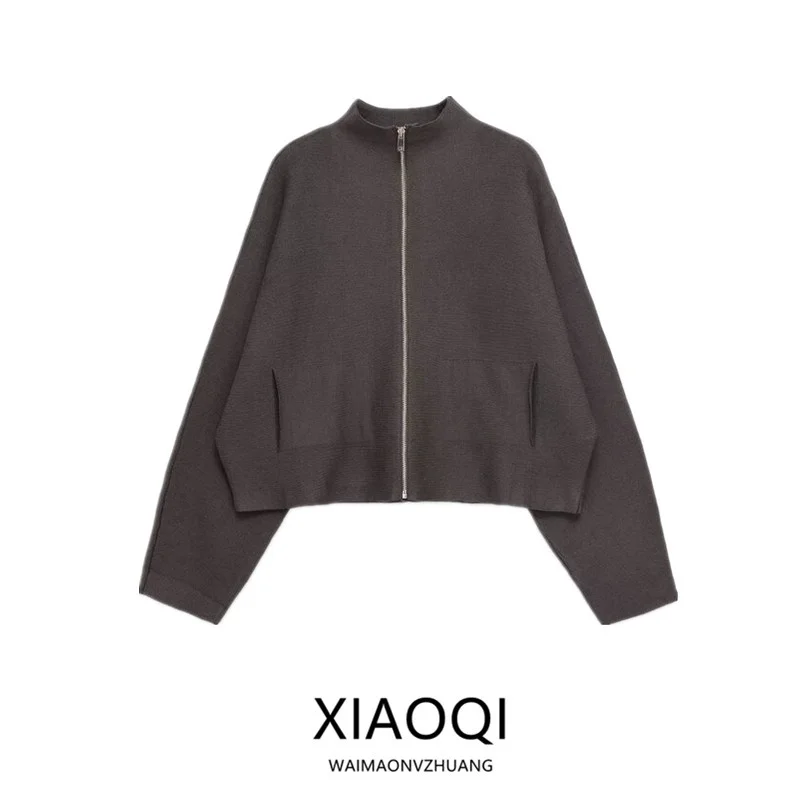 

Autumn Winter New Arrival Women's Knitted Zipper Long Sve Stand Collar Outerwear Versatile Commute Sle ort Length
