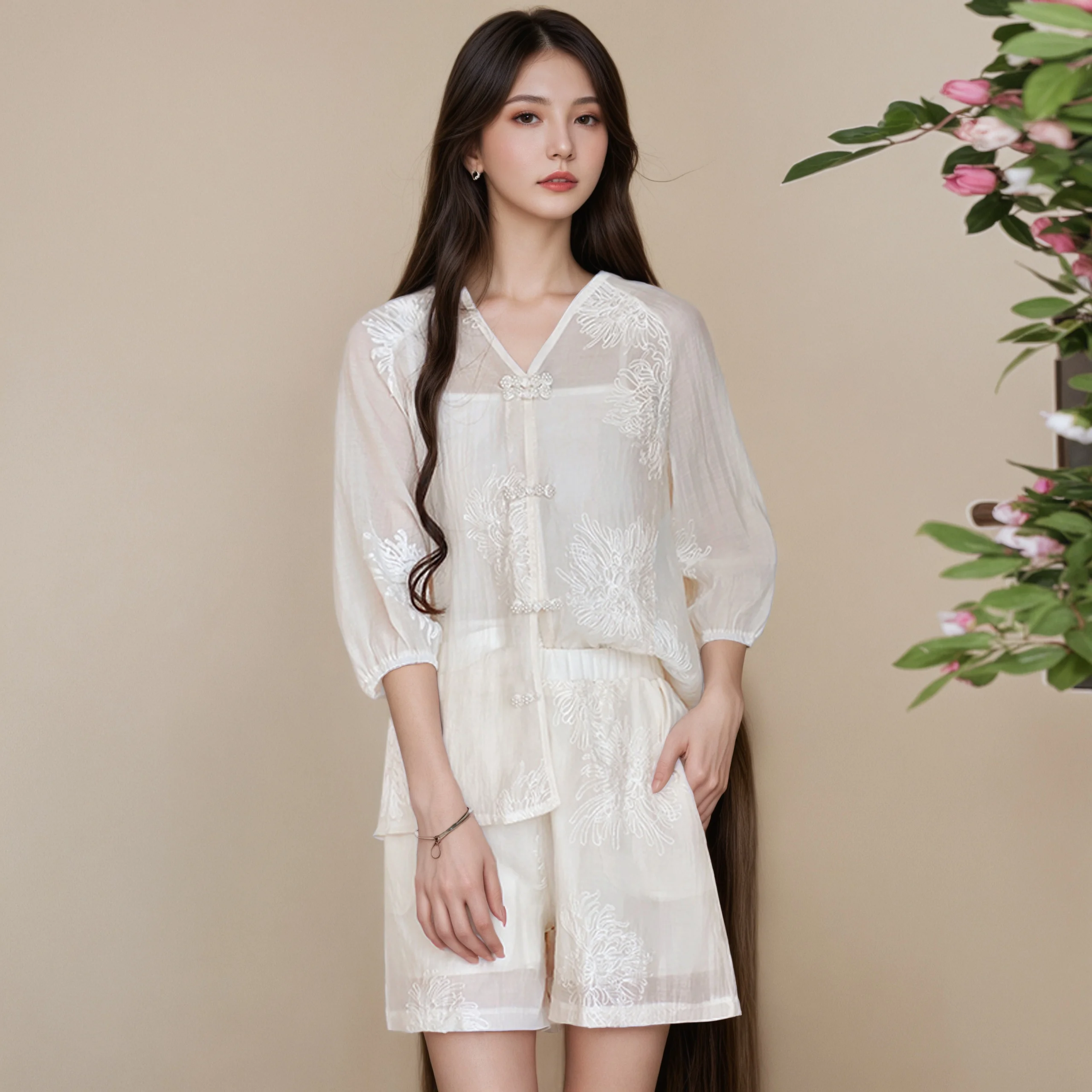 

Новый женский костюм в китайском стиле, летняя рубашка с v-образным вырезом и длинными рукавами, топ + шорты с эластичной резинкой на талии, элитный повседневный комплект из 2 предметов с вышивкой