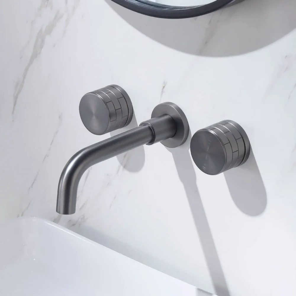 Wall Mounted Double Handles Bathroom Faucet Brushed Gold in-built Water Mixer with Twist Spout