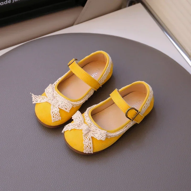 Girls Princess Shoes Round Toes Soft 2025 Brand New Kids Dance Shoes Sweet Lace Bows Children Flat Shoes Non-slip Candy Color