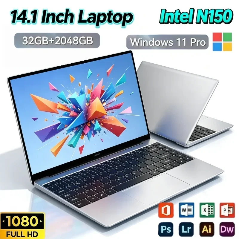 14.1 Inch Ultra‑Thin Portable Laptop Intel N150 32GB RAM 2TB SSD Windows11 Office Home Gaming Computer