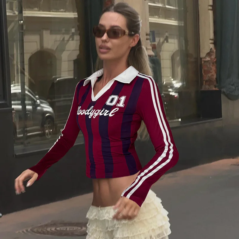 

Women Wine Red Latters Striped Tees Tops T Shirts Female Hotsweet V Neck Streetwear Female Patchwork Turn Down Neck Pullovers