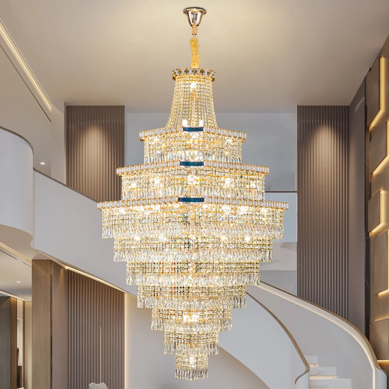 Luxury Villa Living Room Large Crystal Chandelier for Staircase Hollow Mezzanine High Ceiling 2026 New Loft Duplex Pendant Light