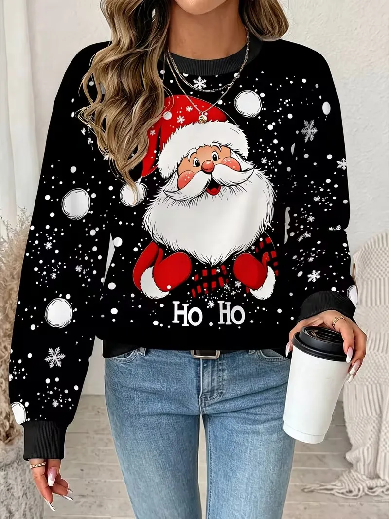 3D Christmas Fun Santa Claus Printed Hoodie New Christmas Style Party Hoodie Women's Long Sleeve Round Neck Autumn/Winter Hoodie