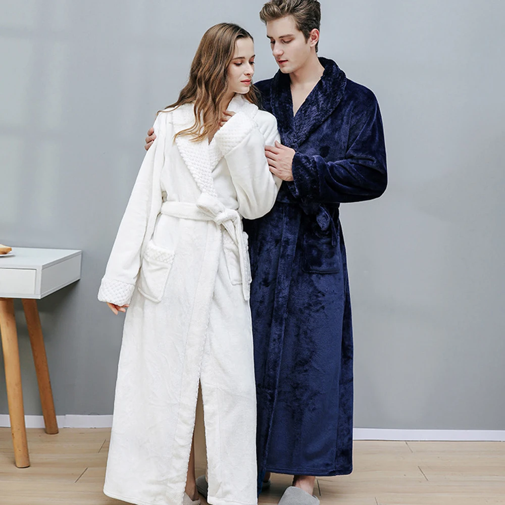 

Women Men Extra Long Warm Bathrobe Plus Size Jacquard Coral Fleece Thermal Bath Robe Winter Dressing Gown Flannel Cozy Sleepwear
