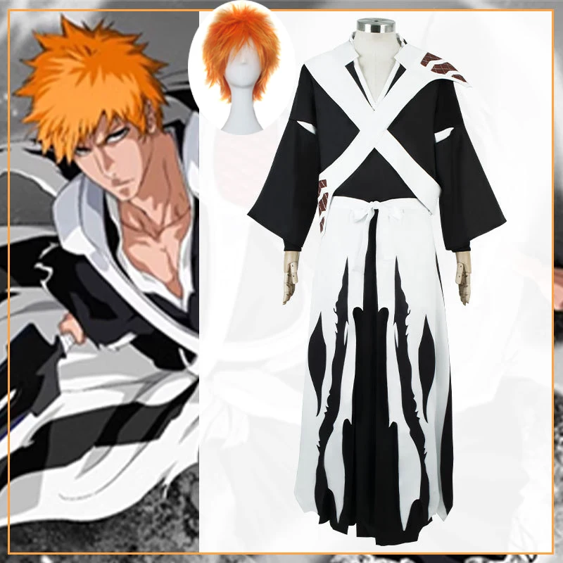 Peluca de Cosplay de Anime Bleach Kurosaki Ichigo, Conjunto de Kimono de Shinigami de la Guerra Sangrienta de los Mil Años, Uniforme de Halloween Mugetsu