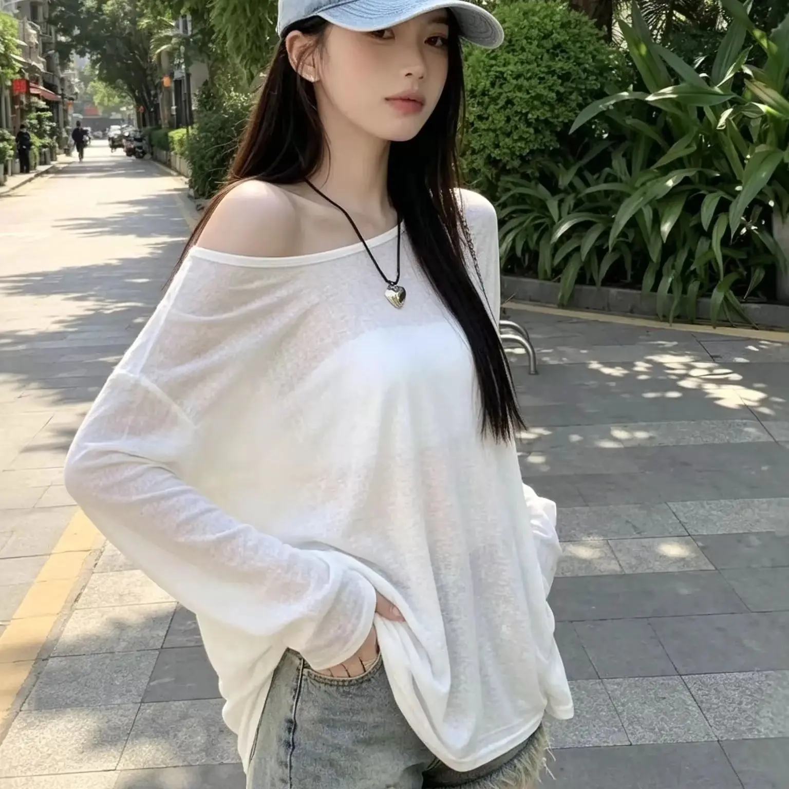 Women Long Sleeve Sheer Mesh Off Shoulder T-shirt Korean Summer Sun Protection Lightweight Breathable Clean Fit Daily Lazy Tops