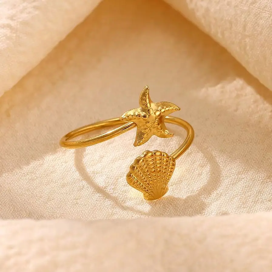 Vintage-Seestern-Muschelringe für Damen, goldfarben, aus Edelstahl, Seestern-Muschelring, Ozean-Strand-Sommer-Mode-Schmuck, Geschenk