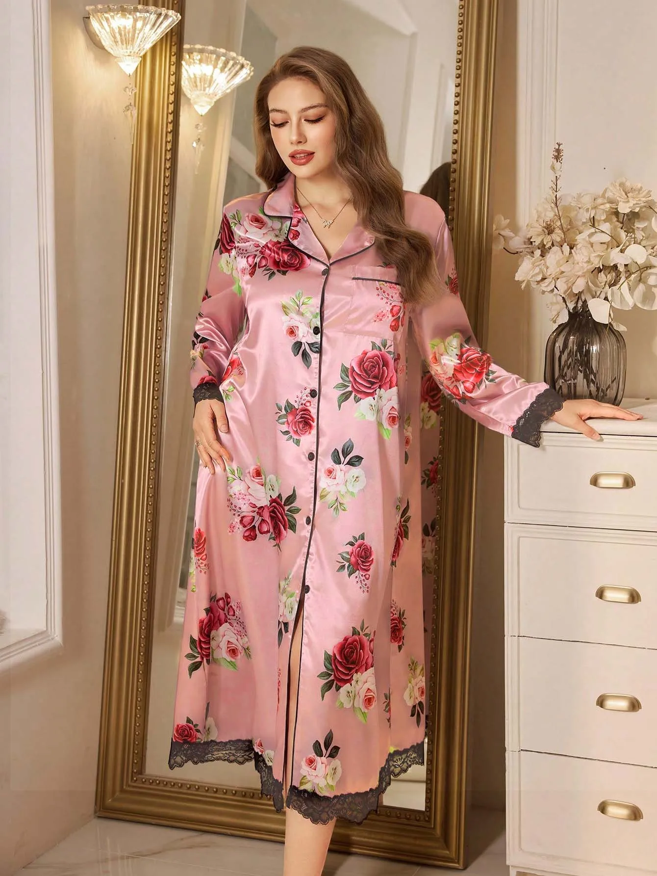Women's Pink Base Big Rose Floral Print Satin Lapel Long Sleeve Button Front Black Lace Trim Midi Shirt Loungewear Nightgown
