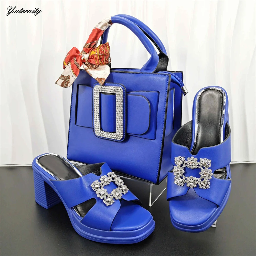 

Итальянский стиль, женская обувь из искусственной кожи синего цвета, комплект обуви и сумки для вечеринки, высококачественная обувь на высоком каблуке и сумка для свадьбы