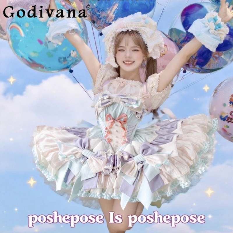

Sweet Girls Birthday Lolita Princess Dress Autumn and Summer Women's Tube Top Satin Bow Slim Pettiskirt Short Mini Party Dress