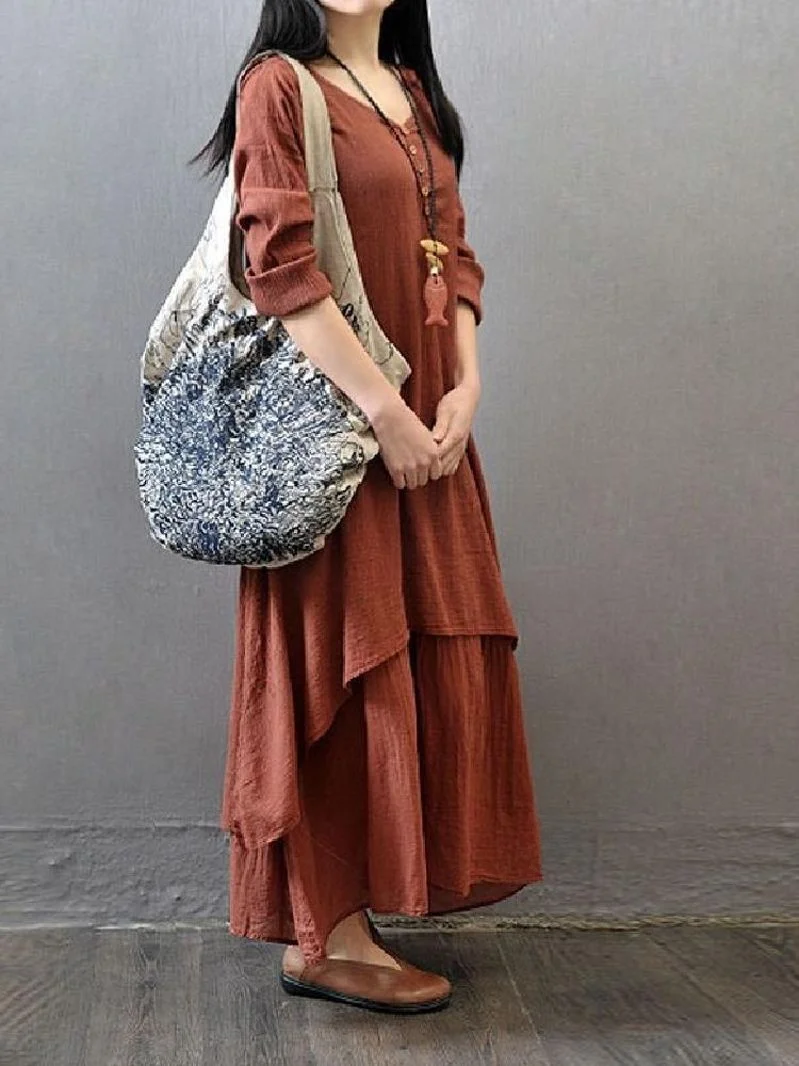 ชุดเดรสผ้าฝ้ายลินินสองชิ้นสำหรับผู้หญิง สไตล์หลวม ใส่สบาย ช่วยพรางหุ่น ไซส์ใหญ่ ลายศิลปะพื้นเมือง แขนยาว เหมาะสำหรับฤดูใบไม้ผลิและฤดูร้อน