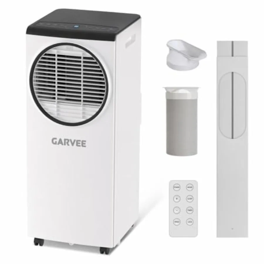 Portable AC for rooms up to 350 sq. ft., white plastic unit with dehumidifier, fan, remote, energy-efficient cooling