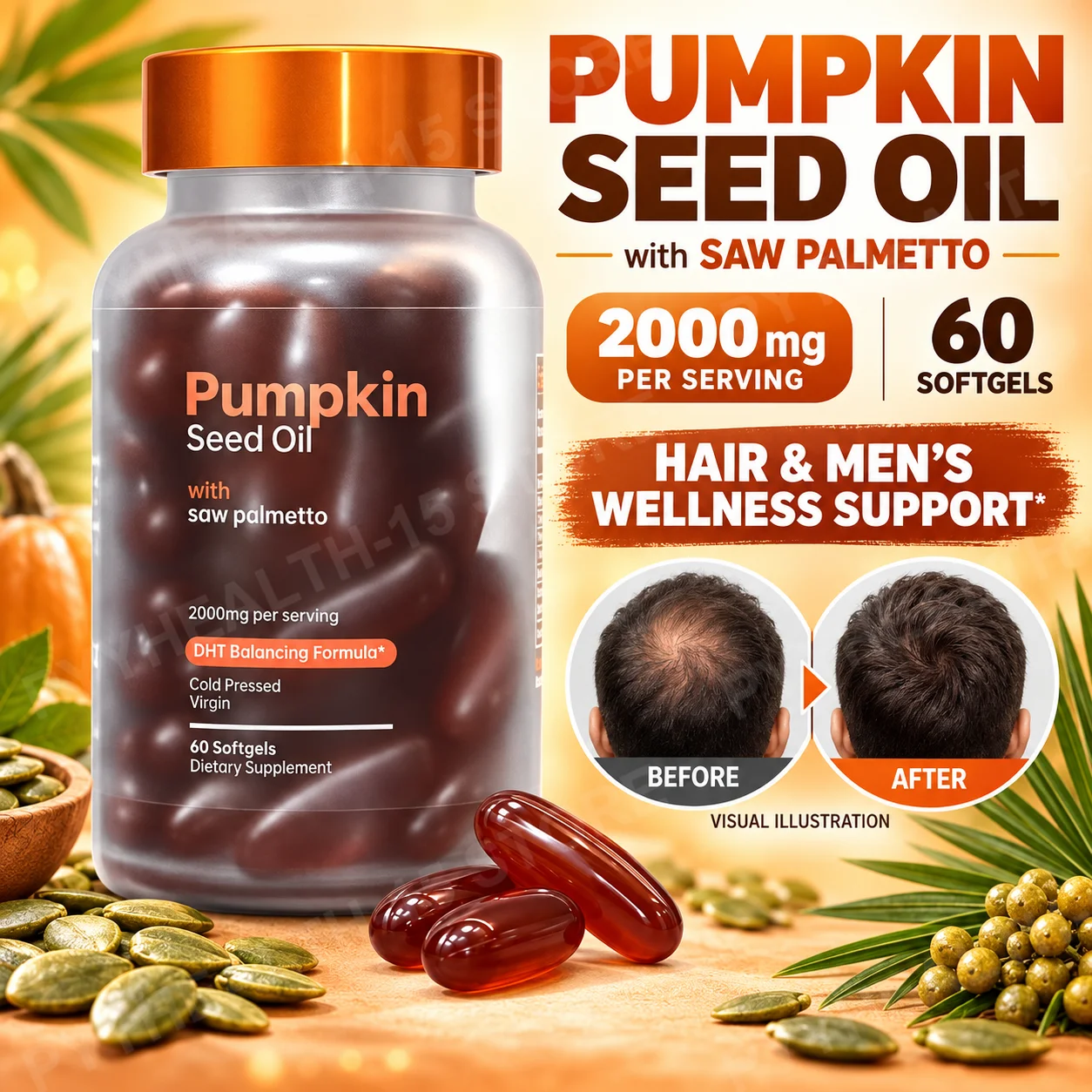 Pumpkin Seed Oil Softgels 2000mg with Saw Palmetto for Thinning Hair, DHT Balancing & Men's Wellness, Cold Pressed, 60 Count