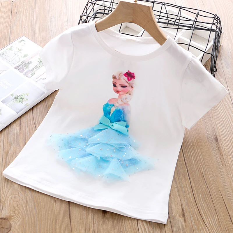 New Kids T-shirt Short sleeves Children Frozen Elsa Cotton Summer Girls Tee Party Princess Disney Girls Clothes Costumes Ariel