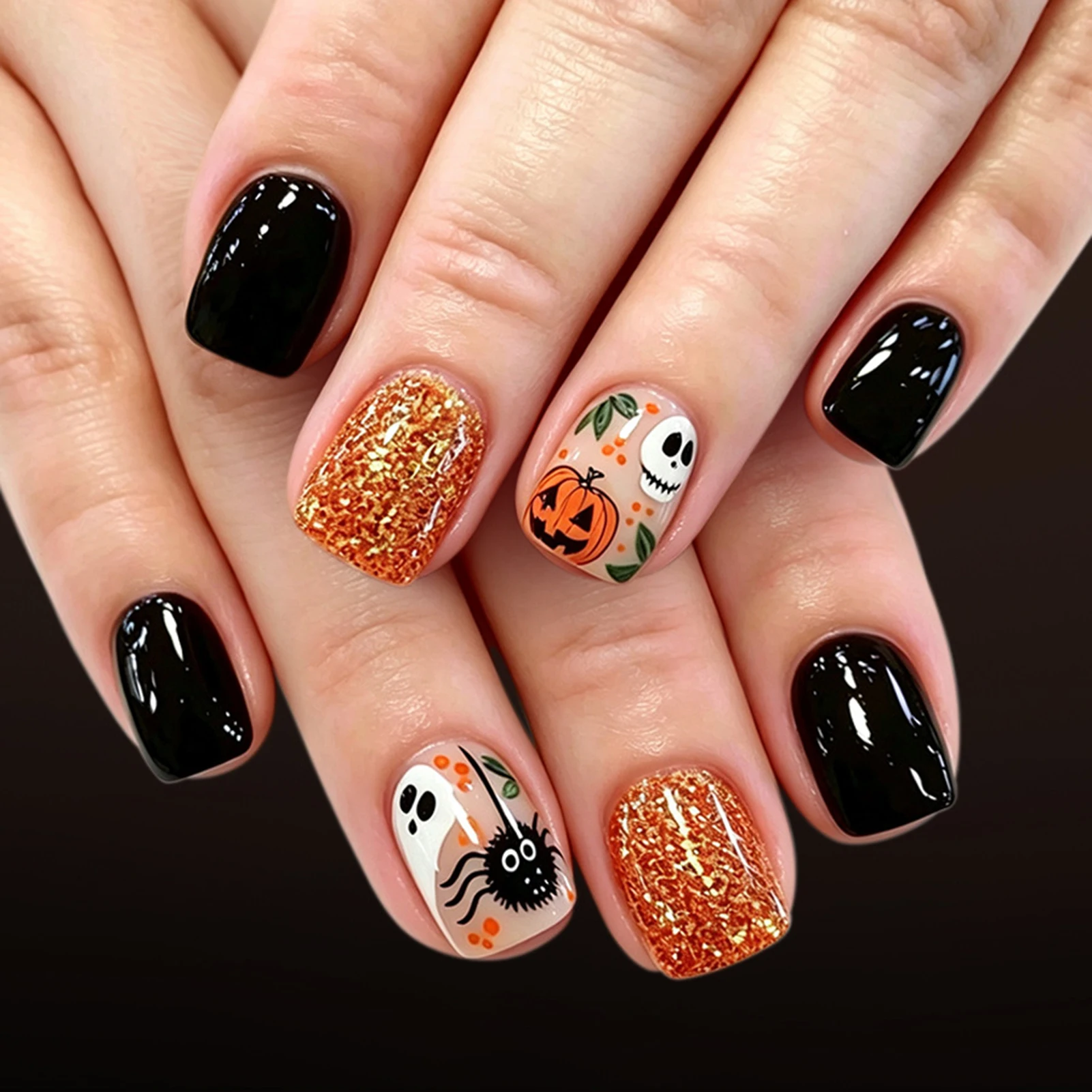 Halloween-Party Schwarze Künstliche Fingernägel für Frauen und Mädchen 24 Stück Kurze Quadratische Aufklebnägel mit Kürbis-/Spinnen-/Geister-Designs