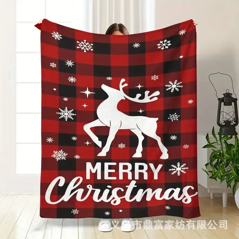 VIKAMA Buffalo Plaid White Reindeer Fleece Throw Blanket Cozy Soft Plush Cover for Couch Sofa Bed Christmas Decor Gift