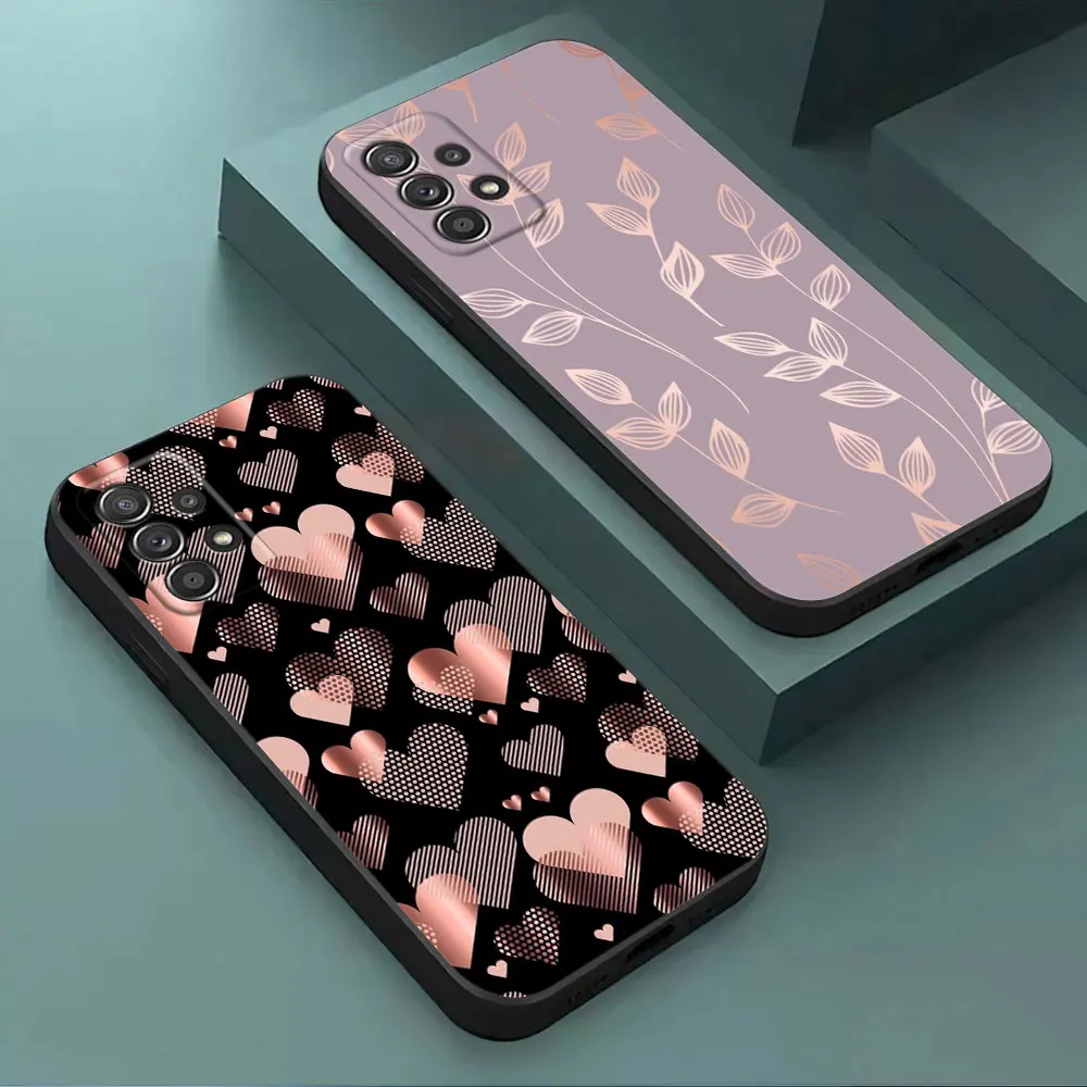 Gold Pink Rose Leaf Glitter Hearts Case For Samsung Galaxy A17 A27 A57 A37 A07 A55 A54 A34 A35 A25 A15 A56 A36 A26 A16 A06 Cover