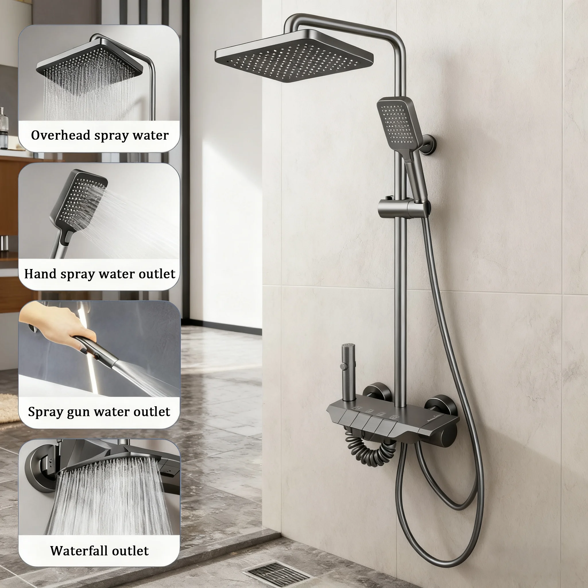 

Handheld High-Pressure Gun Grey Four Function Piano Button Shower Set Hotel Bathroom Shower Shoulder Spray Shower System Home