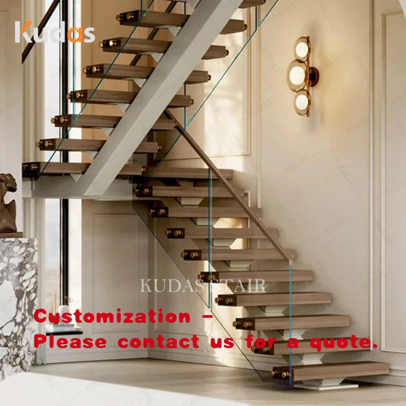 custom.Modern Glass Railing Wooden Mono Stringer Staircase Customizable Metal Floating Stairs Luxury Home Interior Des