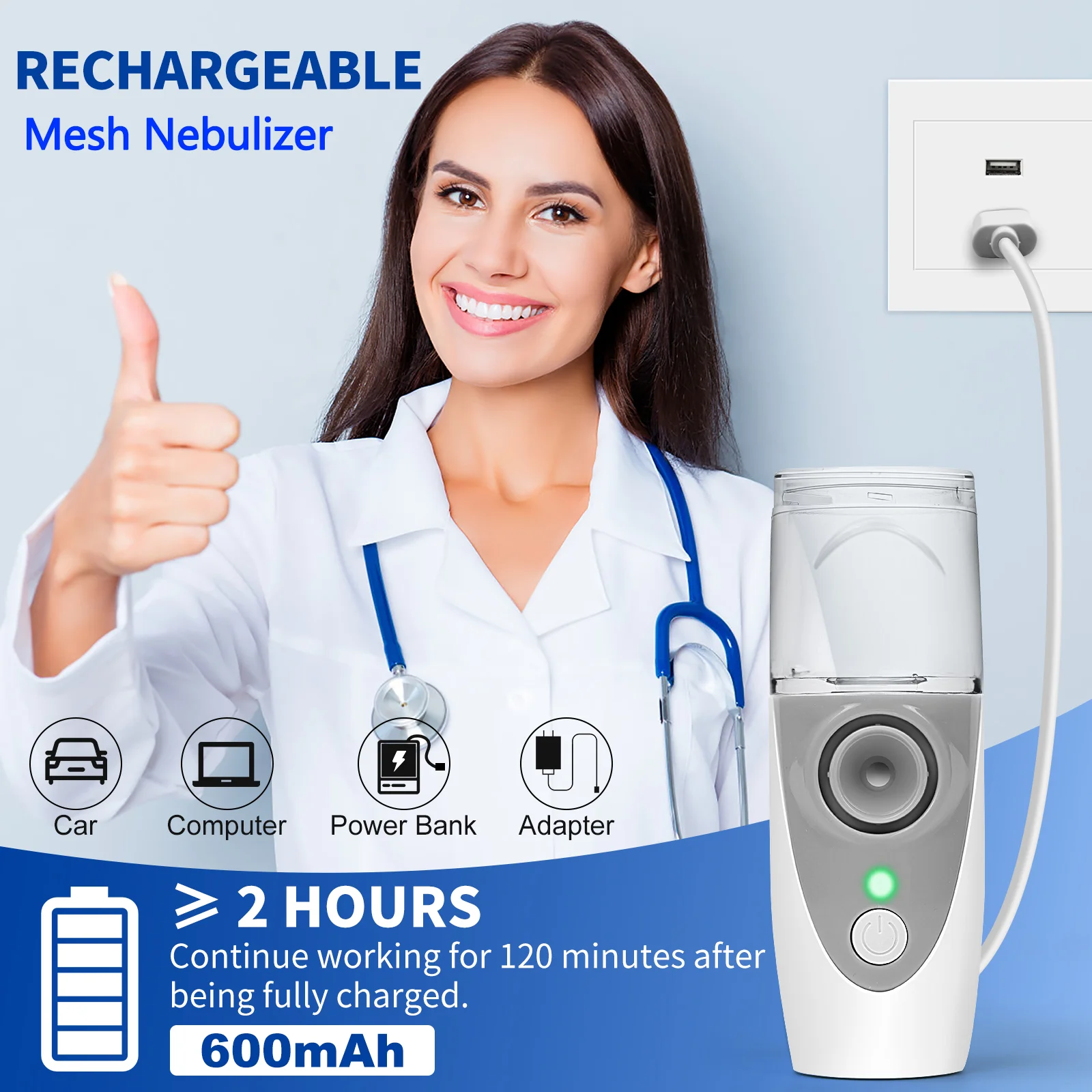 

Medical Pediatric and Adult Portable Rechargeable Nebulizer, Suitable for carrying on trips, Mini Mesh Nebulizer USB