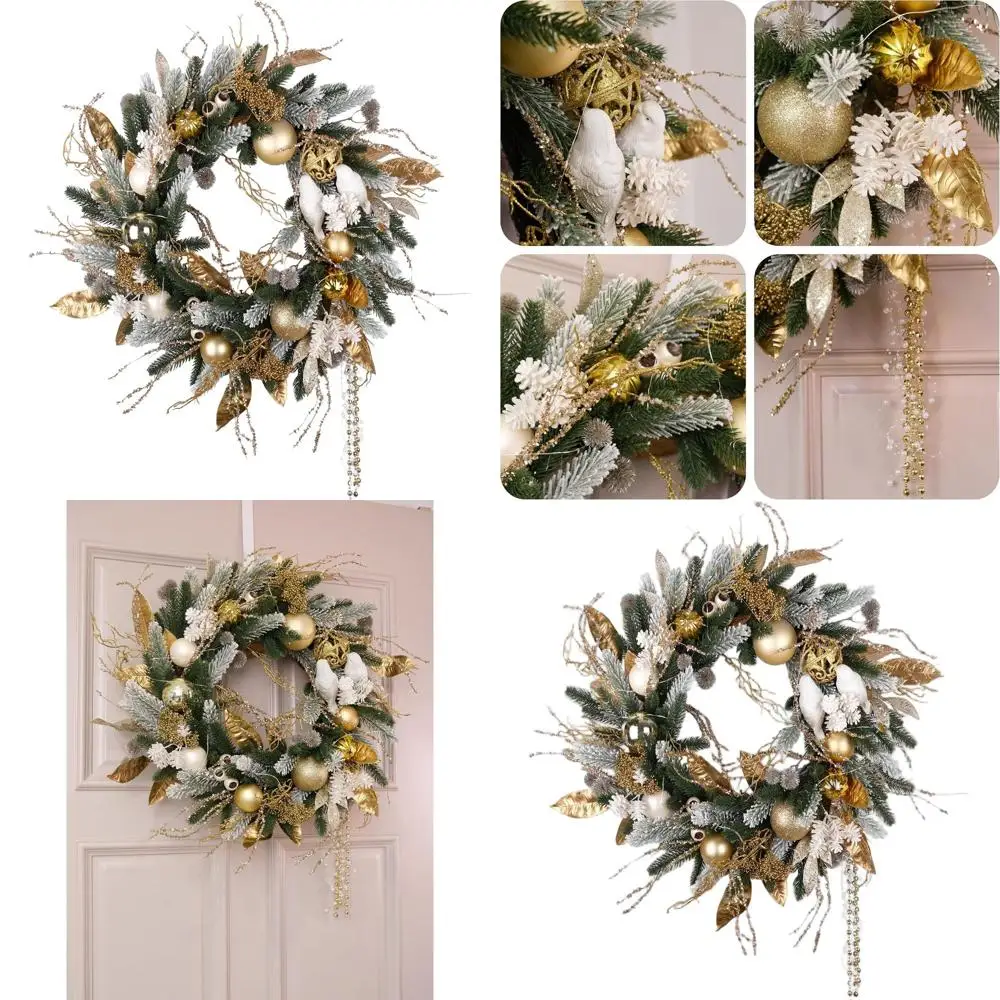 

28 Pre-Lit Gold Christmas Wreath with Lovebirds for Home Holiday Decor