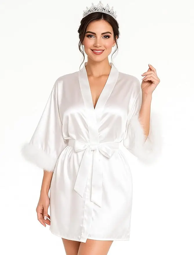 Bride Robe for Wedding Day Bridal Robes Feather Sleeve Satin Kimono Robes Bachelor Party Getting Ready Outfits
