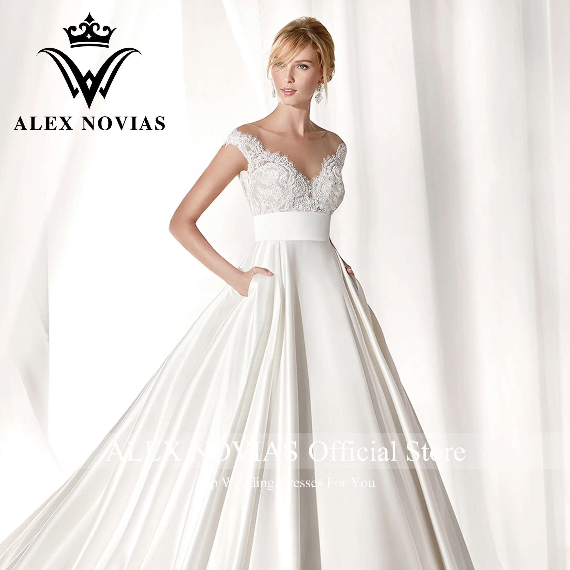 Robe De mariée en Satin avec poches, Illusion d'alex NOVIAS, manches courtes, col en v, 2023