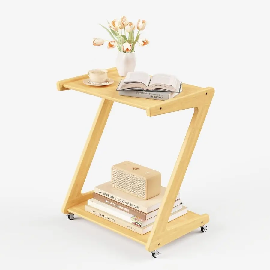 

Solid Wood Rolling Side Table with 2 Tiers, Mobile ZFrame Snack Cart Or Coffee Table for Living Room, Bedroom amp Sofa Use, Easy