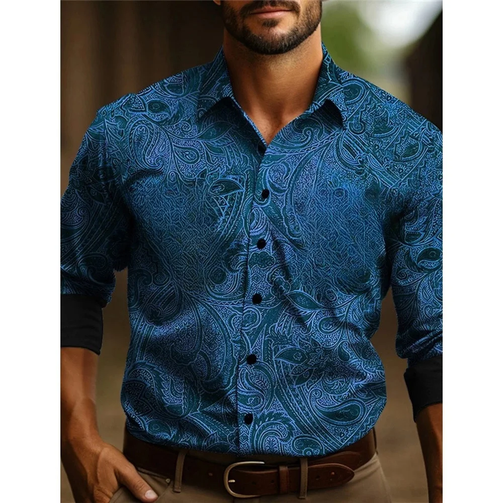 Men\'s long-sleeved shirt Four seasons casual lapel button down shirt Men\'s denim retro ethnic totem style breathable soft shirt