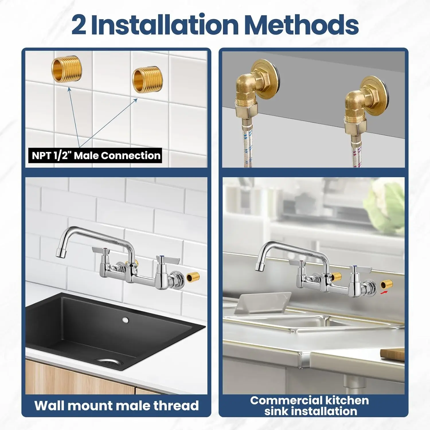 صنبور مطبخ مثبت على الحائط بمقبضين، مركز 8 بوصات، كروم، فوهة دوارة مع محولات