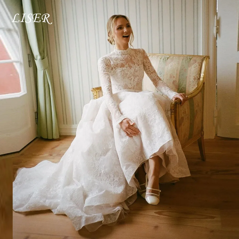 Liser High Collar Wedding Dresses 2026 Backless Long Tail Princess Lace Silk Sexy Robe De Mariée Customized Bridal Gown