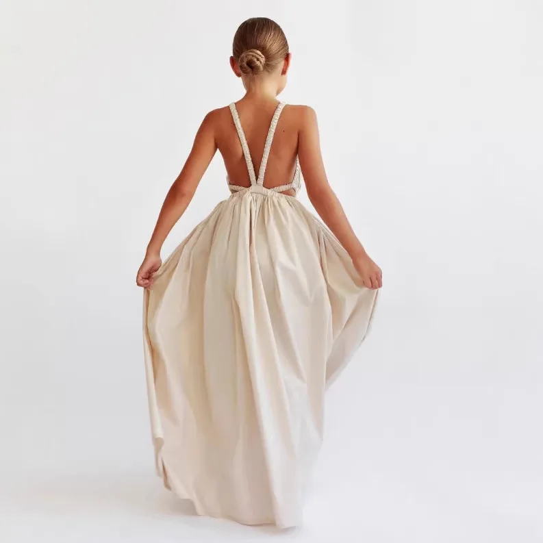 2026 Russian Girls Cotton and Linen Spring and Summer American-style Elegant Backless Camisole Long Holiday Dress