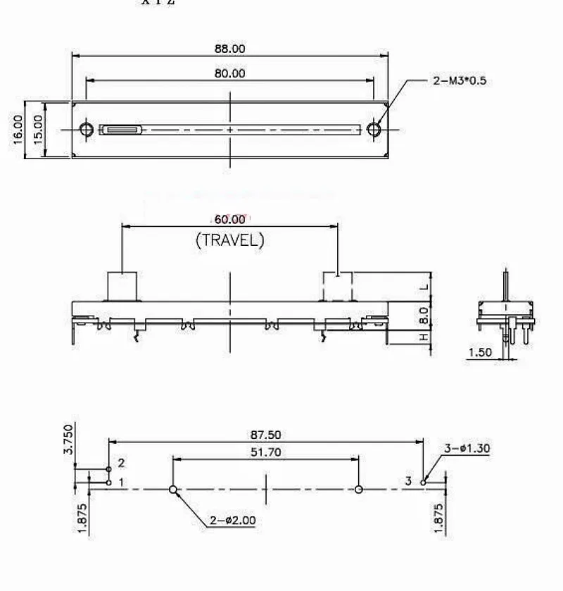 1pc 88mm Mixer Fader B10K Single Channel B103 Sliding Potentiometer Length 8.8cm Travel 60mm Handle 8mm