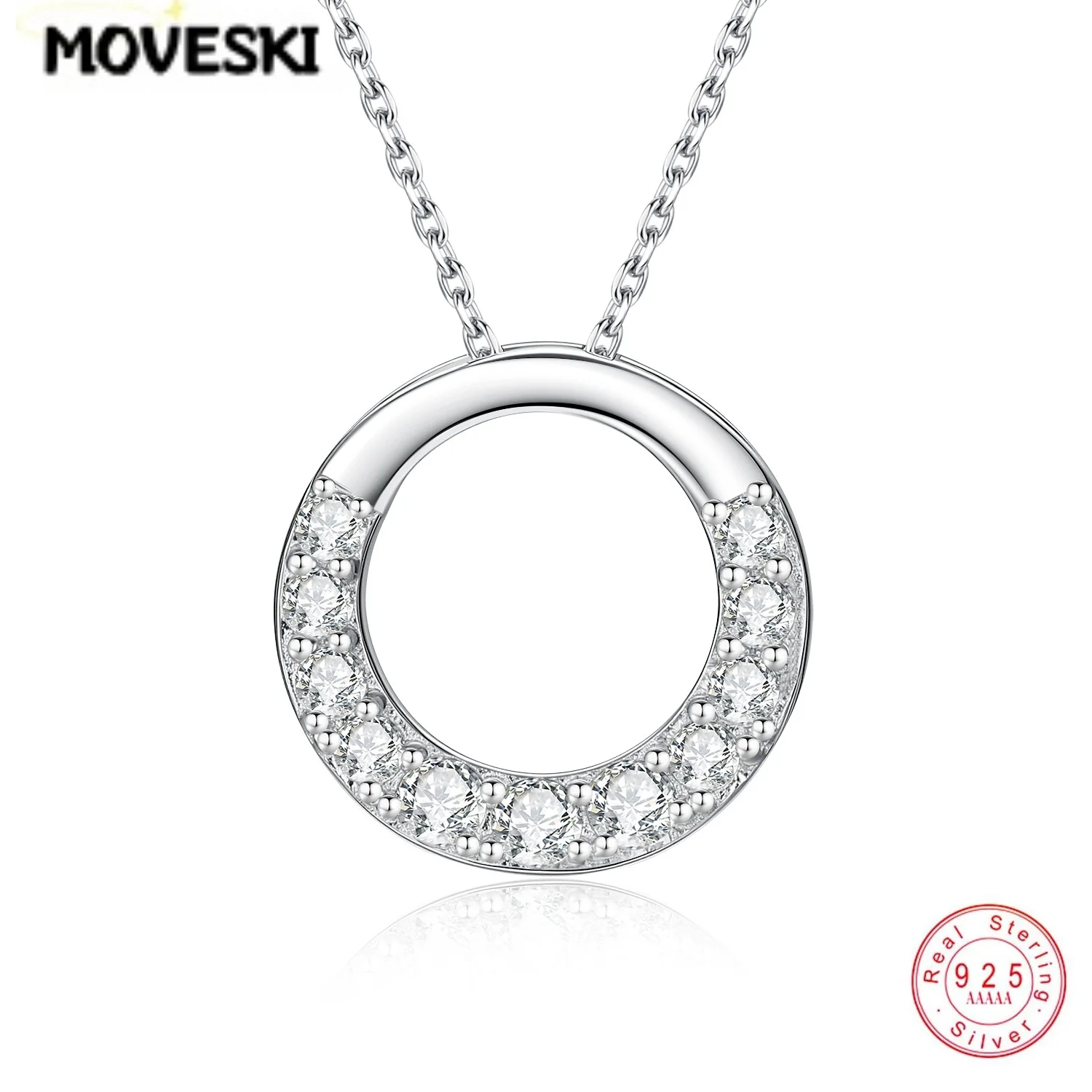 Hollow Circle Half Paved Moissanite Pendant S925 Sterling Silver Necklace Women Minimalist Daily Clavicle Chain Fashion Jewelry