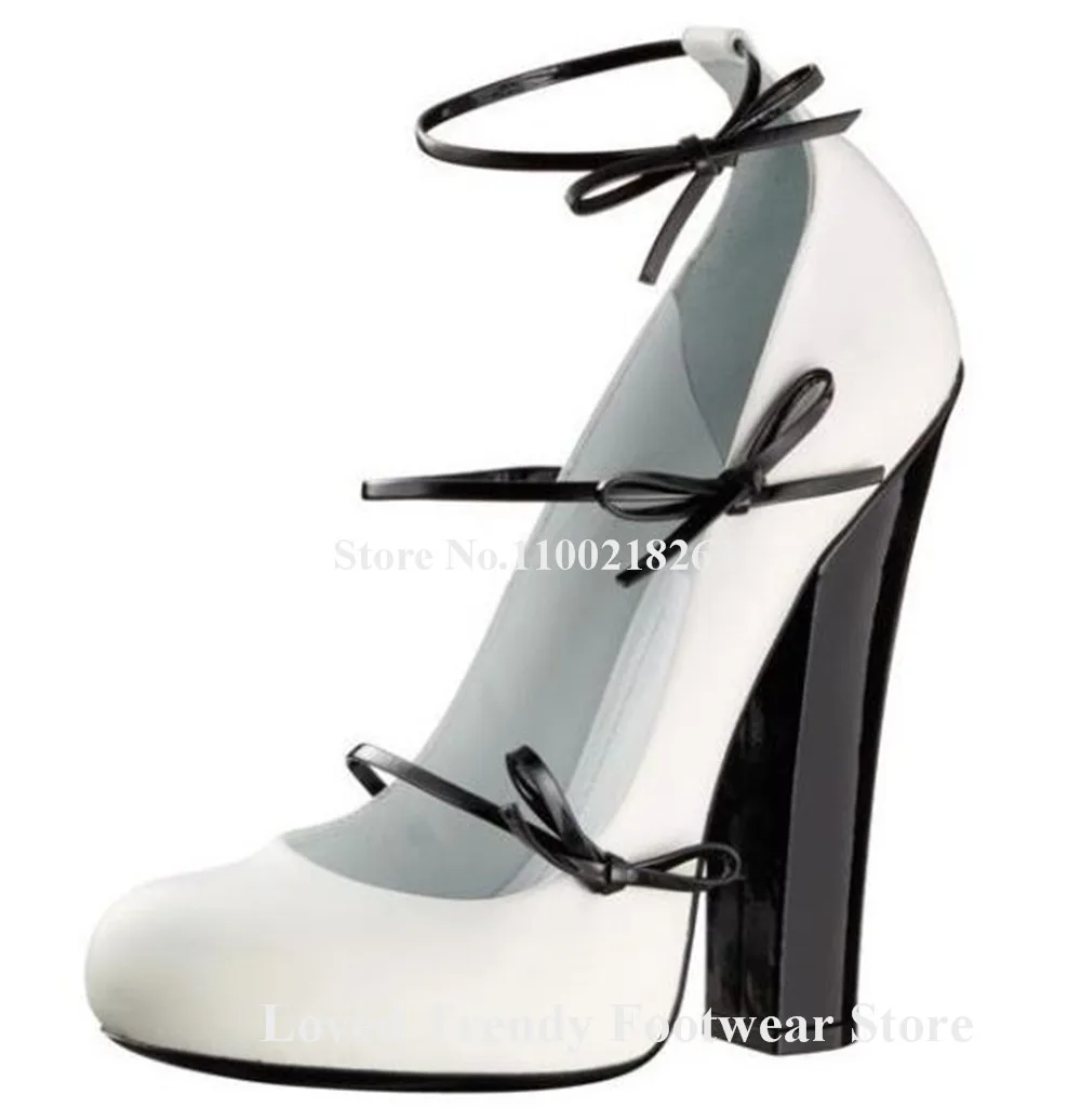 Elegant Straps Bowtie Chunky Heel Pumps Round Toe Black White Patent Leather Patchwork Thick Heel Party Heels Wedding Shoes