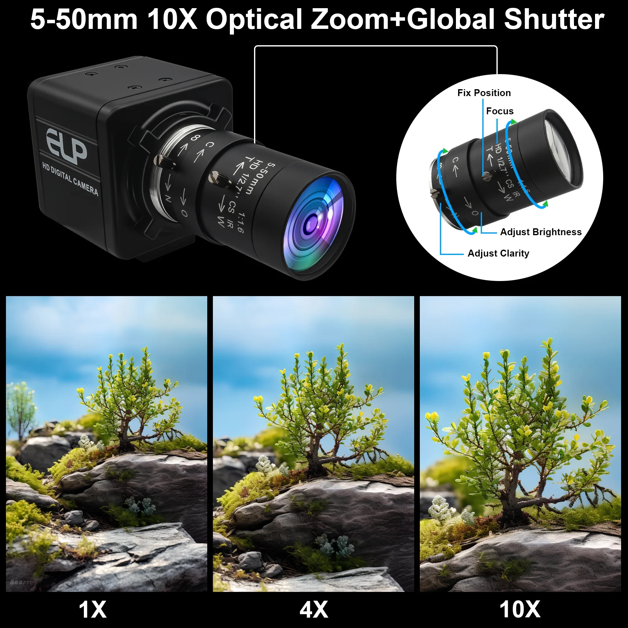 Cámara USB con obturador Global ELP de 5MP, Zoom 10X, cámara web de alta velocidad de 5MP, 50FPS, 1080P, 60FPS para inspección Industrial, monitoreo de tráfico