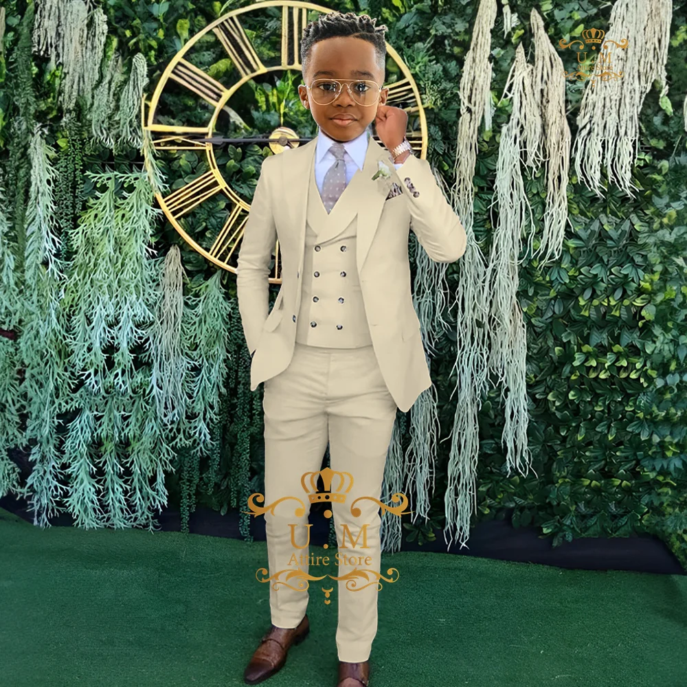 Beige boy formal events suit 3pcs (jacket vest pants) classic kids set for wedding dance birthday party Thanksgiving Xmas gifts