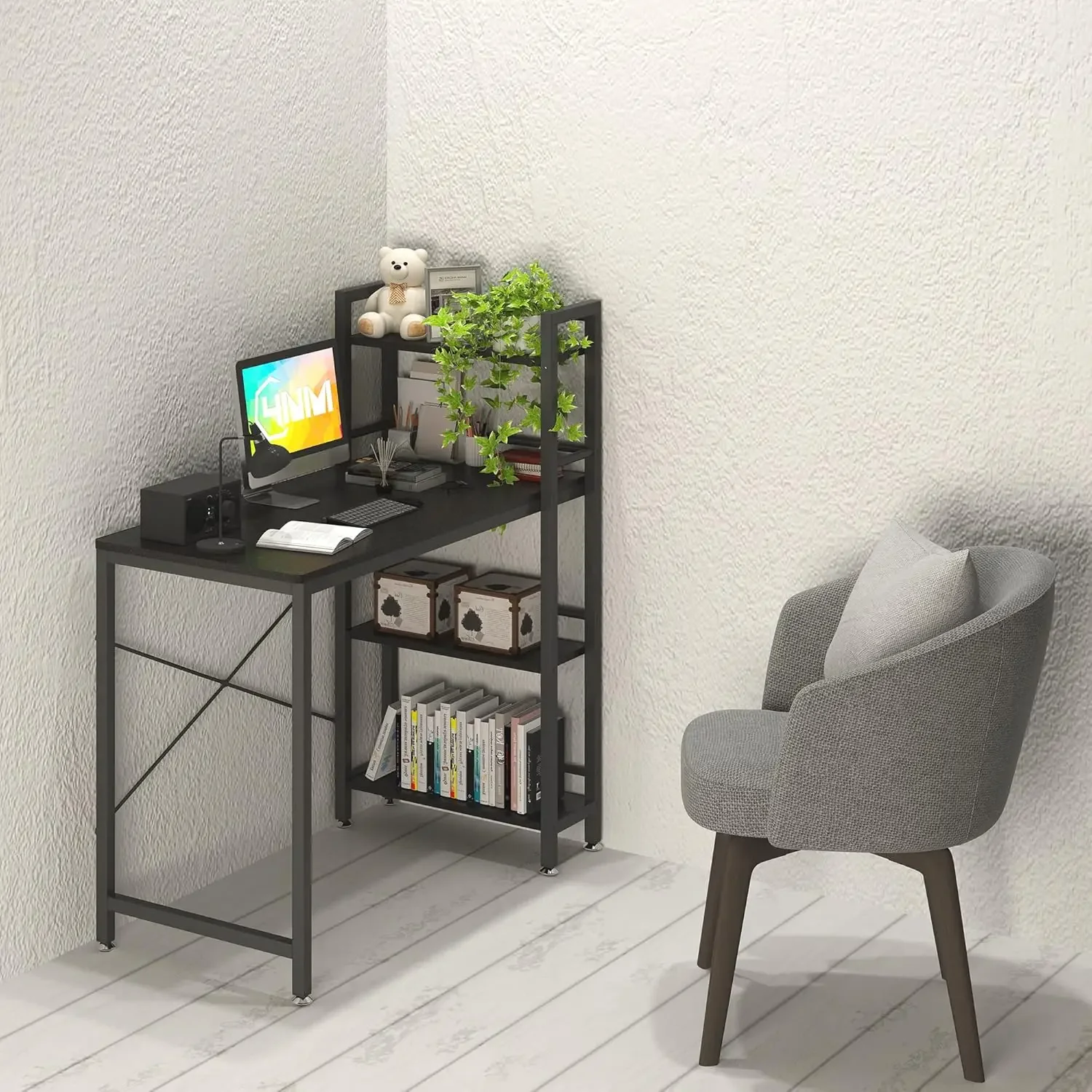 Small Computer Desk with 4-Tier Bookshelf Home Office Desk Writing Workstation Study Table Multipurpose for Small Space Work