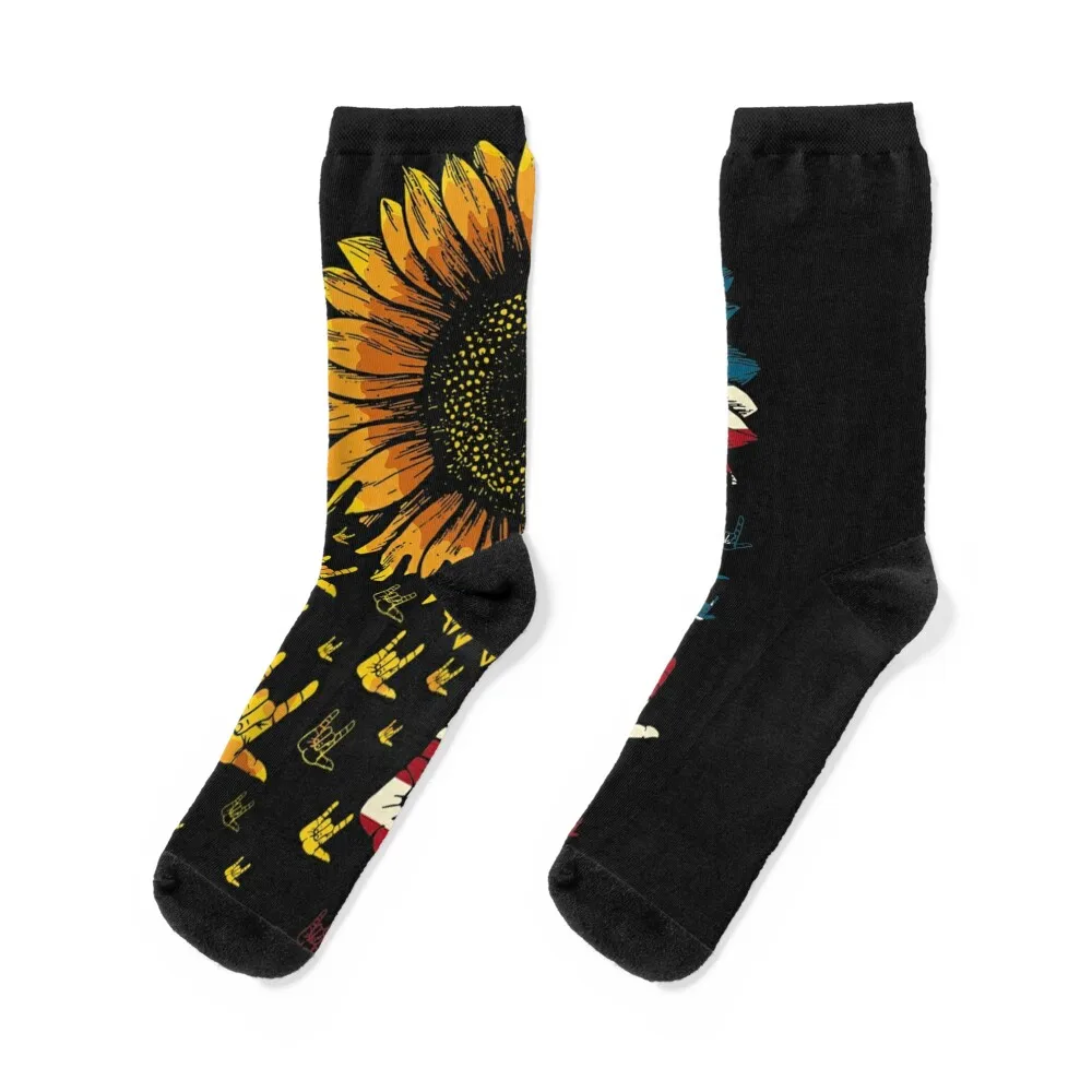 American Flag Sunflower Sign Language ASL Sign 4th Of July Socks sport short cool Stockings man Men's Socks Luxury Women's