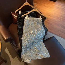 Sequin Decorate Women Midi Skirts High Waist Korean Office Lady Rear Slit A Line Skirts Y2K Elegant Hepburn Style Party Skirts