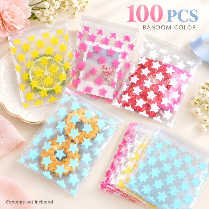 100PCS Star Printed Self Sealing Bags Clear OPP Plastic Bags Random Colors for Photo Small Card Storage Candy Gift Packaging