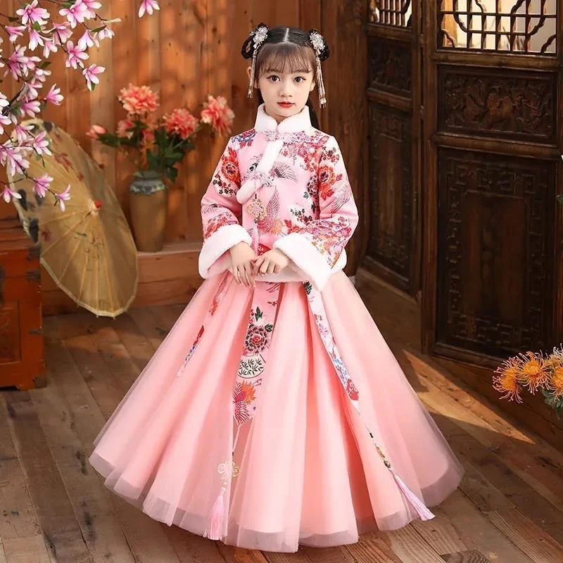 

Hanfu Girls Costume Cheongsam China New Year Spring Festival Clothing Winter Thickening Robe Warm Performance Flower Kid Dresses